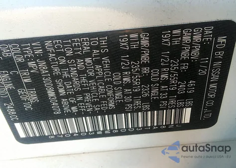 2021 Nissan Rogue Platinum Intelligent Awd z USA, uszkodzony, nr VIN JN8AT3DD8MW304078